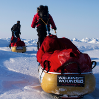 Two men pulling pulks across a polar landscape